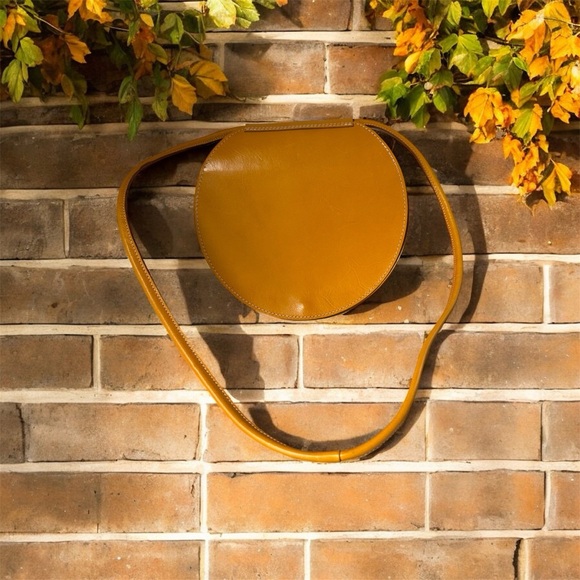 leather centre Handbags - Leather Centre Karambinakis Yellow Round Crossbody Purse 100% Genuine Leather